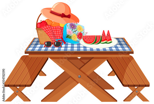 Picnic table with fruits and flowers on white background