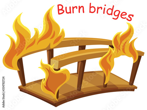 English idiom with picture description for burn bridges on white background
