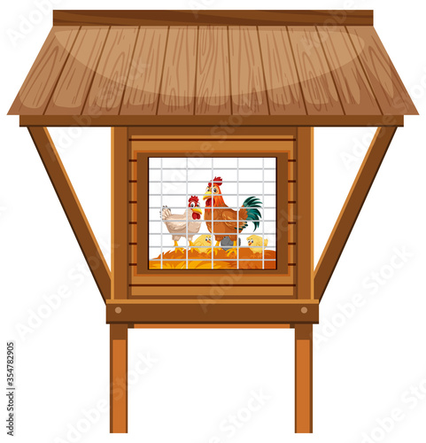 Chicken coop with chickens and eggs inside