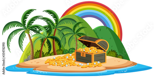 Treasure box on the tropical island with rianbow on white background