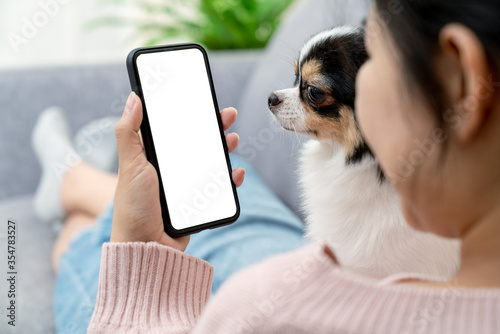 фотографія Close up back rear view of young asian female with pet hold phone on white blank screen for montage mockup display device watch screen in concept of lifestyle with digital technology in millennial