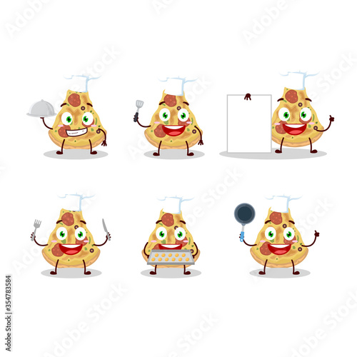 Cartoon character of slice of pizza with various chef emoticons