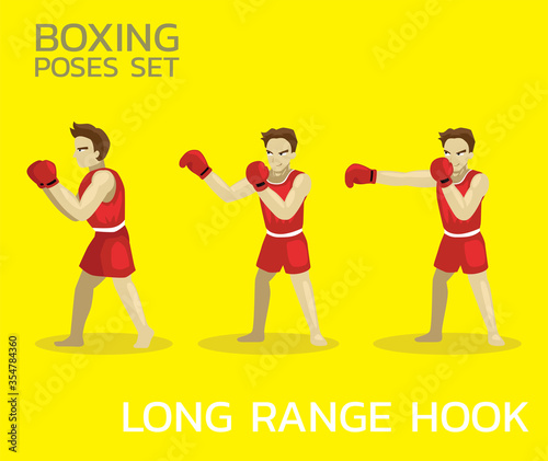 Long Range Hook Manga Boxing Poses Set Man Cartoon Vector Illustration