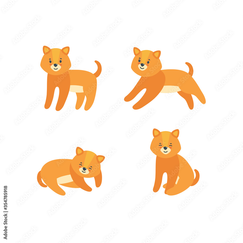 Set of four cute dogs. Nice puppy character for various prints and designs. Vector illustration in flat style