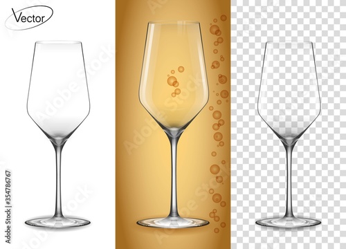 Glass for white wine and champagne with bubbles. Empty glass on a transparent background and on an amber background. Tableware for drinks made of glass. Realistic, highly detailed layout. The effect o