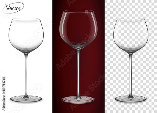 A glass for red wine and champagne. Empty glass on a transparent background and on a red background. Tableware for drinks made of glass. Realistic, highly detailed layout. 3d effect, vector graphics.