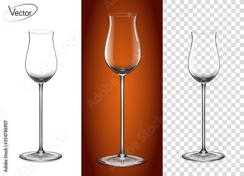 Empty glass on a transparent background and on a cognac background. Tableware for drinks made of glass. A glass for cognac and Armagnac. Realistic, highly detailed layout. 3d, vector.