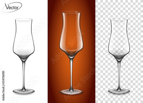 A glass for cognac and Armagnac. Empty glass on a transparent background and on a cognac background. Tableware for drinks made of glass. Realistic, highly detailed layout. 3d, vector.