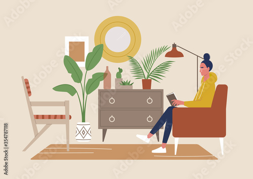 Boho style cozy interior full of details, a young female character reading a book sitting in a chair, millennial lifestyle