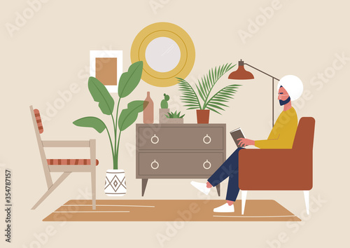 Boho style cozy interior full of details, a young indian male character reading a book sitting in a chair, millennial lifestyle