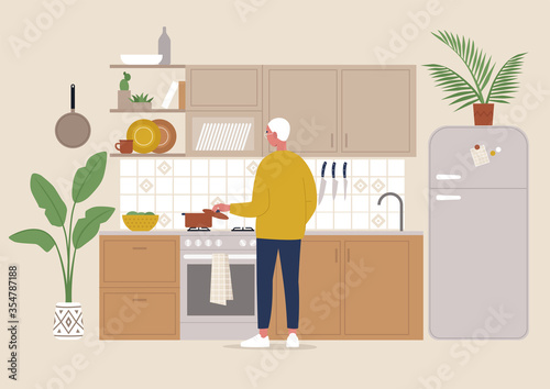 A young male character cooking meal in the boho style cozy kitchen, millennial lifestyle