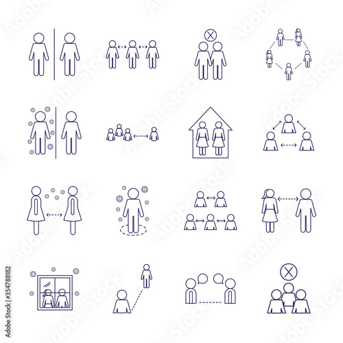 Social distancing line style icon set vector design