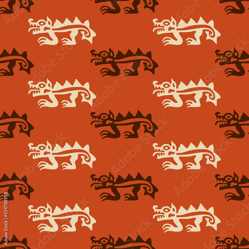  Seamless geometrical pattern with stylized silhouettes of fantastic animals. Ancient Peruvian tribal motif of Mochica Indians. Native American art.