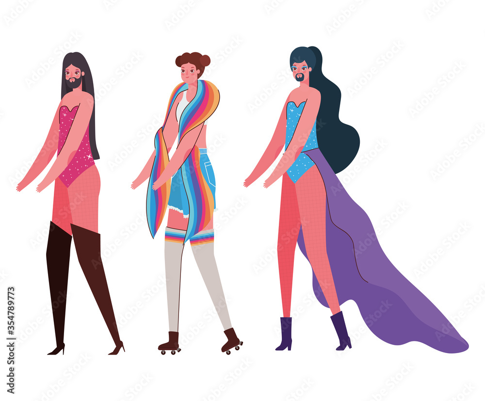 Woman and men cartoons with costumes and lgtbi flag vector design Woman and men cartoons with costumes and lgtbi flag vector design