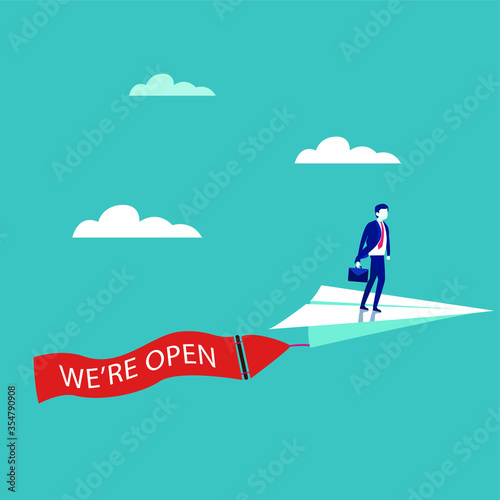 Business new normal vector concept: Businessman standing on flying paper plane with we are open flag