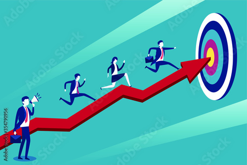Business competition vector concept: Business people racing to the achieve the target motivated by their boss