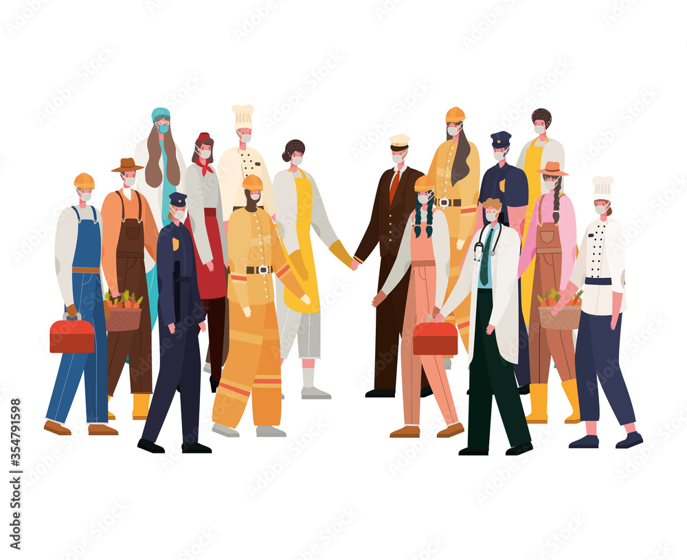 Men and women workers with masks vector design