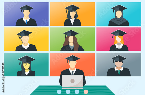 Online Virtual Graduation Video Web Conference Teleconference from Home. College University or High School Student Commencement Ceremony with Gown & Hat from home. Flatten the Curve COVID-19 Pandemic