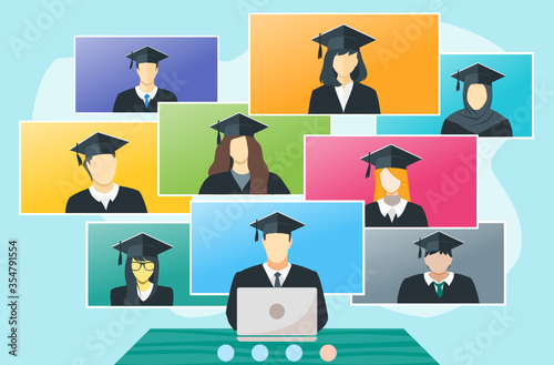 Online Virtual Graduation Video Web Conference Teleconference from Home. College University or High School Student Commencement Ceremony with Gown & Hat from home. Flatten the Curve COVID-19 Pandemic