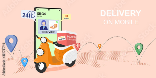 Online delivery service concept by scooter. Delivery man in respiratory mask. Vector illustration