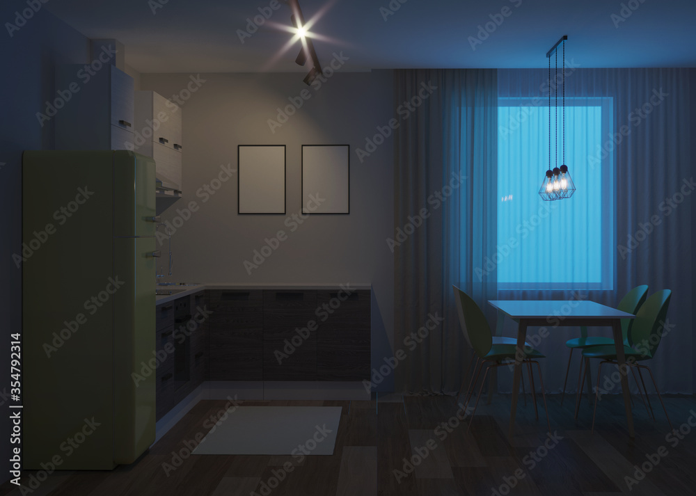 Scandinavian-style corner kitchen with yellow fridge. Night. Evening lighting. 3D rendering.