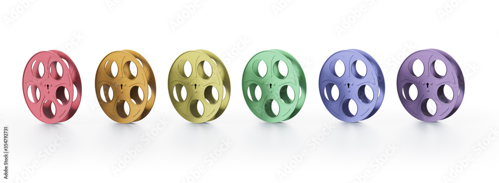 3D illustration of film reels arranged in a rainbow hue 3D illustration of film reels arranged in a rainbow hue