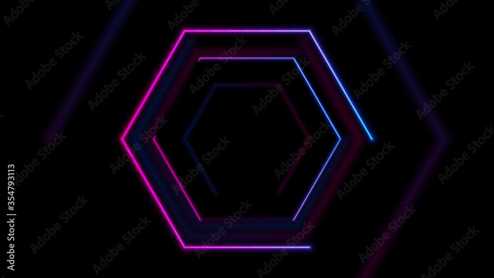 Blue and purple glowing neon hexagonal sparkling frame abstract motion ...