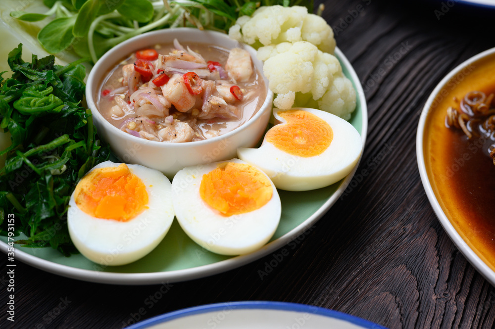 Fresh Boiled Shrimp paste sauce with vegetables in plate Fresh Boiled Shrimp paste sauce with vegetables in plate