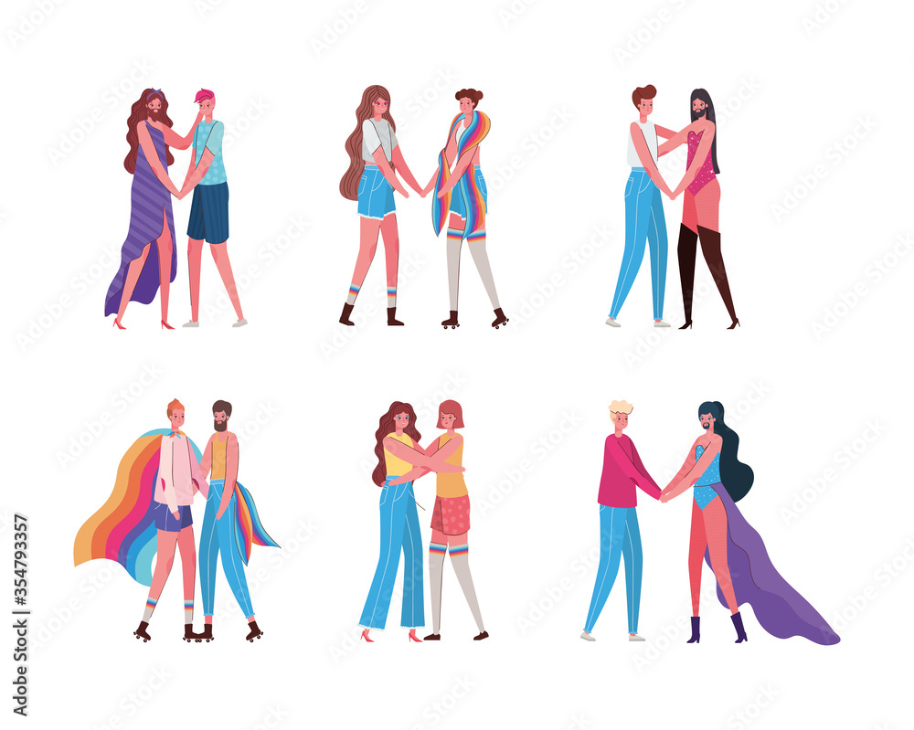Women and men cartoons with costumes and lgtbi flags vector design Women and men cartoons with costumes and lgtbi flags vector design