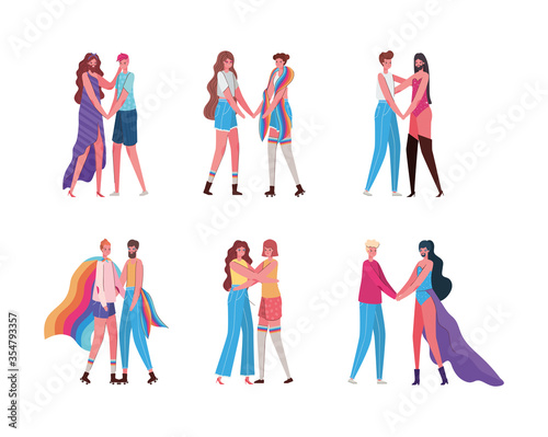 Women and men cartoons with costumes and lgtbi flags vector design