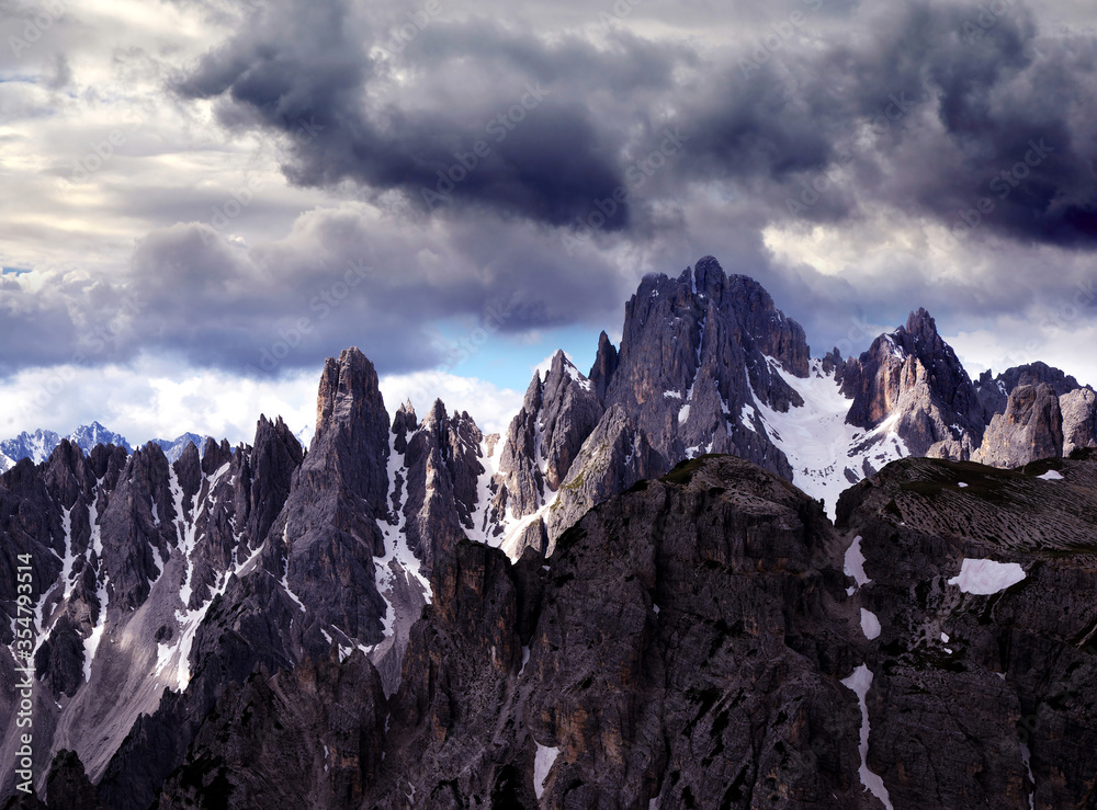 View on the Cadini di Misurina mountain group in the eastern Dolomites. Province of Belluno, Italy. 