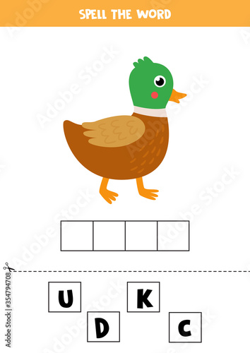 Spelling game for kids. Cute cartoon duck.