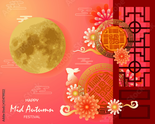 Mid Autumn Festival of Asian style for greeting card. Moon cake with flower, full moon, rabbit and clould pink and gold color concept  for template, banner, card, postcard.
