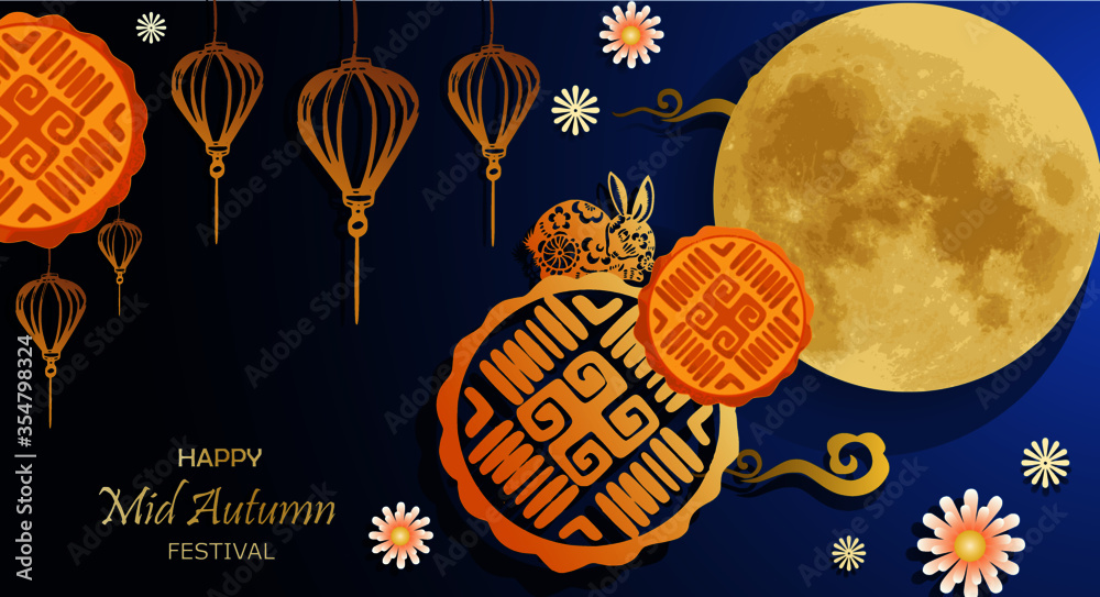 custom made wallpaper toronto digitalMid Autumn Festival of Asian style for template with full moon, lantern, moon cake, flower, rabbit and clould white and gold color concept for greeting card, banner, postcard, wallpaper.