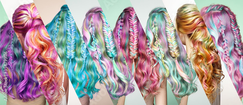 Beauty Fashion Model Girl with Colorful Dyed Hair. Girl with perfect Hairstyle. Model with perfect Healthy Dyed Hair. Rainbow Hairstyles. Collage photo