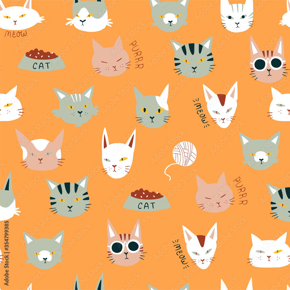 Cute cats colorful seamless pattern vector illustration.