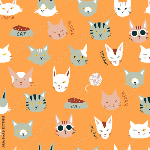 Cute cats colorful seamless pattern vector illustration.