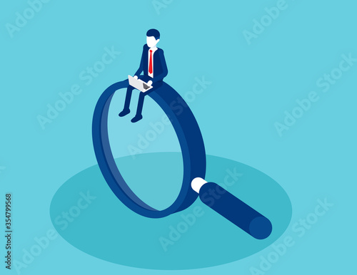 Man with a laptop on a large magnifying glass. Isometric business vector design
