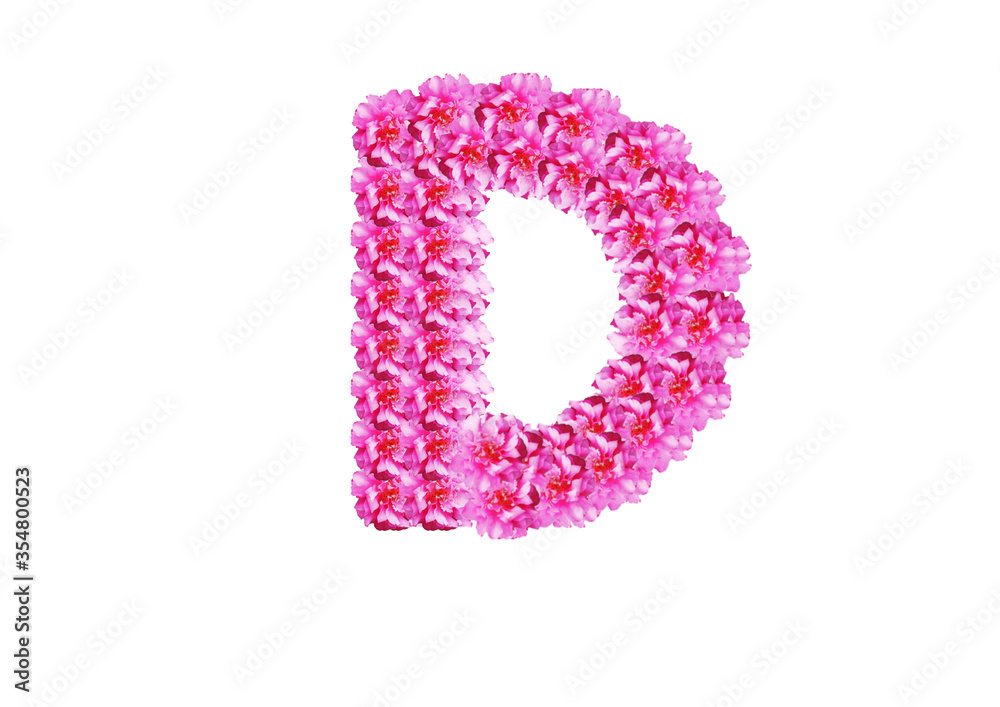 The letter is made of pink flowers on a white background. Spring concept Floral letters of the alphabet for wedding design or flower festival The letter is made of pink flowers on a white background. Spring concept Floral letters of the alphabet for wedding design or flower festival