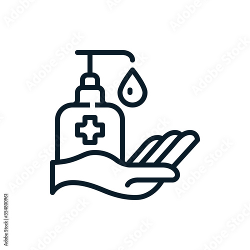 Disinfection. Washing hand with sanitizer liquid soap, gel outline icons. Vector illustration. Editable stroke. Isolated icon suitable for web, infographics, interface and apps.