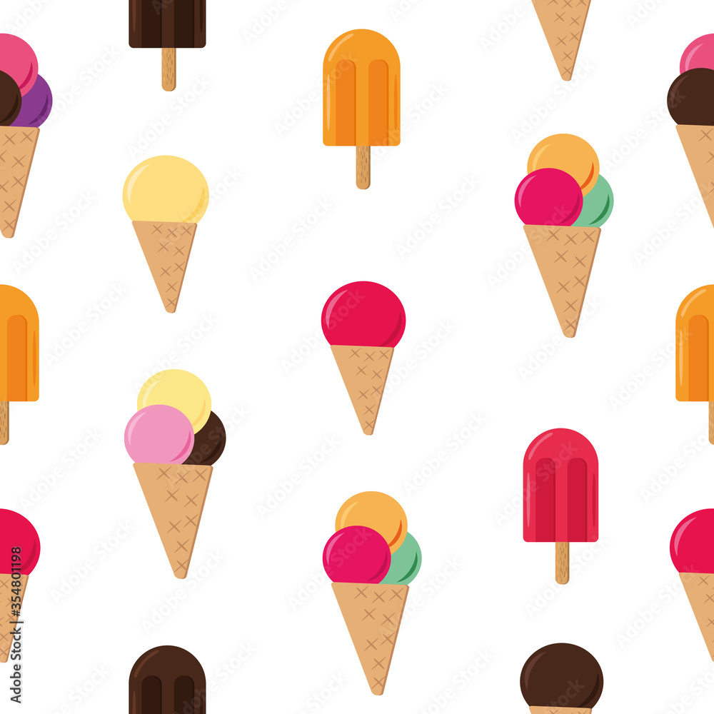 ice cream seamless pattern in vector flat style, summer sweets background white ice cream seamless pattern in vector flat style, summer sweets background white