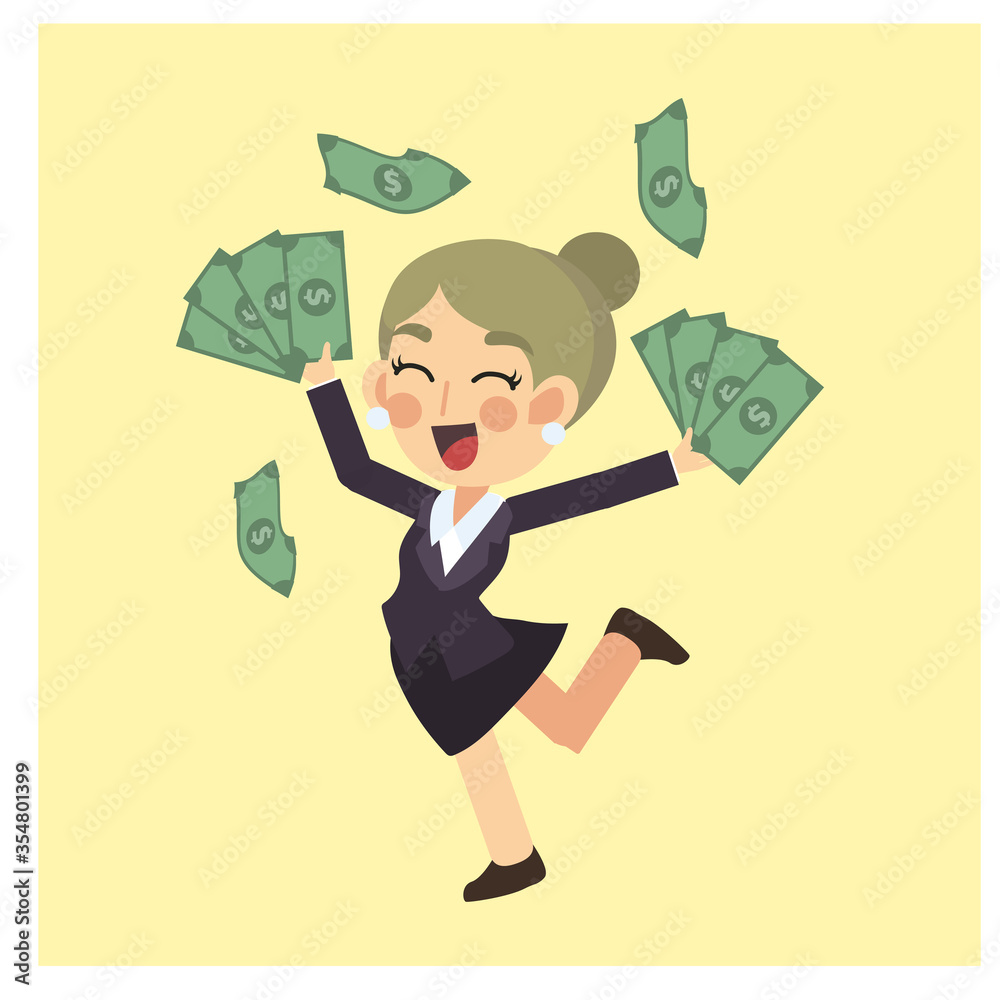 Businesswoman is happy with a lot of money.Winner Bonus. Business concept cartoon character vector. Businesswoman is happy with a lot of money.Winner Bonus. Business concept cartoon character vector.