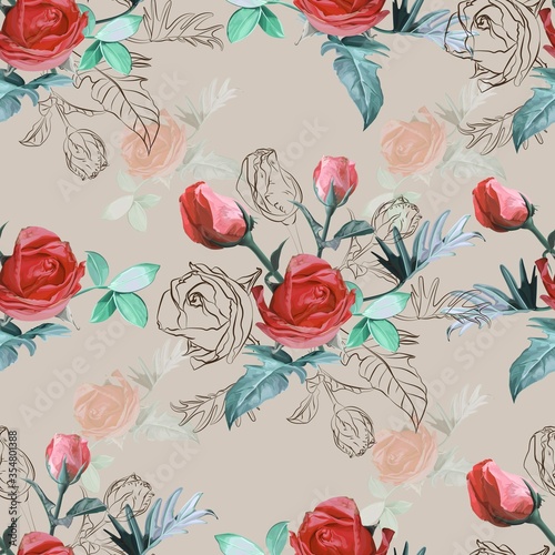 Roses flower  seamless pattern in vintage style vector illustration