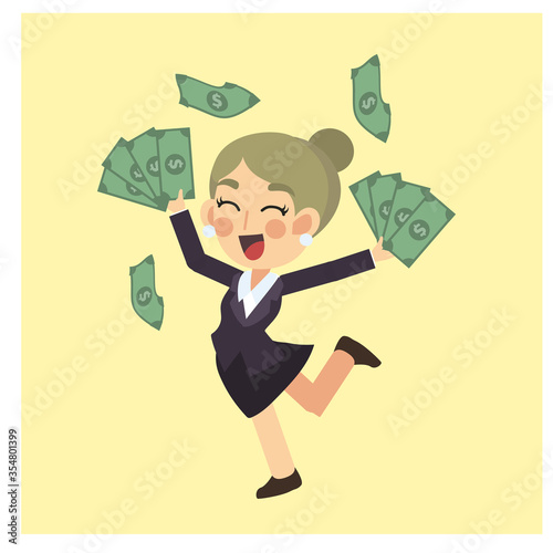 Businesswoman is happy with a lot of money.Winner Bonus. Business concept cartoon character vector.