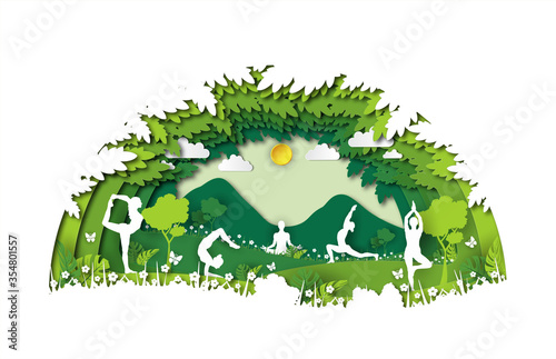 21 june-international yoga day,paper cut yoga body posture, human silhouette and sun rays, vector illustration - Vector