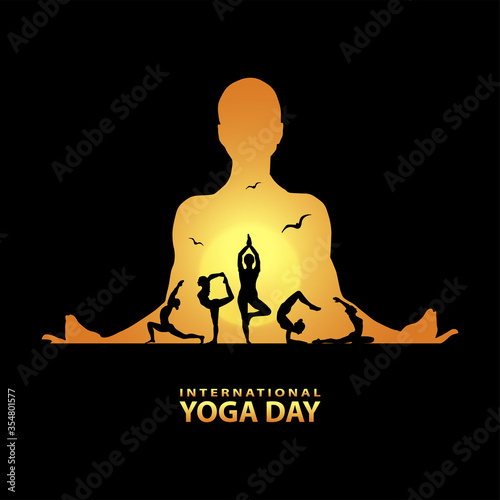 21 june-international yoga day,paper cut yoga body posture, human silhouette and sun rays, vector illustration - Vector