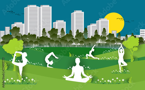 21 june-international yoga day,paper cut yoga body posture, human silhouette and sun rays, vector illustration - Vector