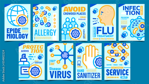 Infection Epidemiology Creative Posters Set Vector. Sanitizer And Germs Protection, Virus And Infection Disease, Flu And Food Allergy Advertising Banners. Concept Template Stylish Color Illustrations © PikePicture