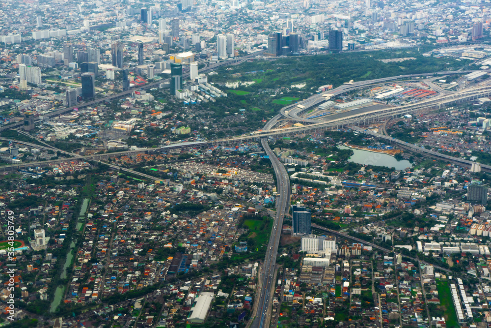 aerial airplane window. The top view, Bangkok city, Thailand. 
