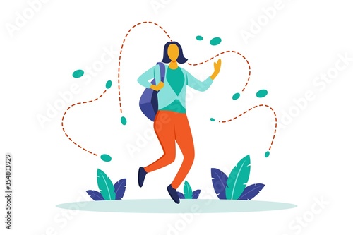 Illustration of a woman jumping happily with a backpack. Flat style cartoon character with orange and green colors. The concept of activities carried out by someone